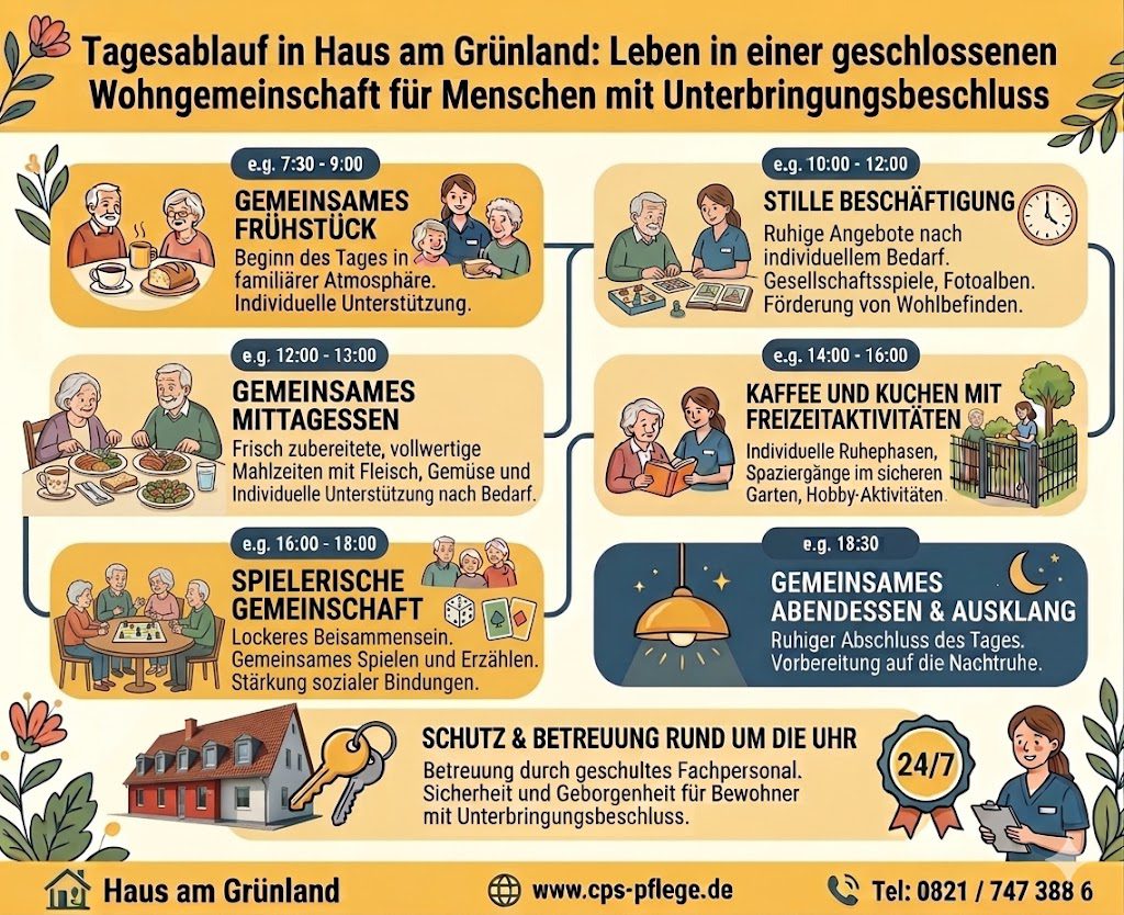 Grafik zum Tagesablauf: gemeinsames Frühstück, ruhige Beschäftigung, Mittagessen, Kaffee und Kuchen, gemeinsames Spielen, Abendessen; Schutz und Betreuung rund um die Uhr