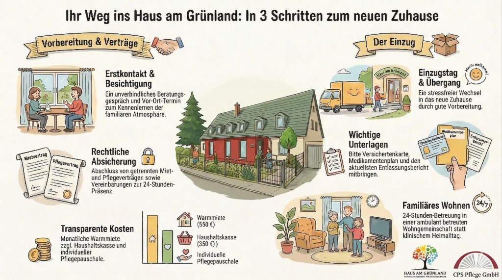 Grafik: Ihr Weg ins Haus am Grünland in 3 Schritten – Erstkontakt und Besichtigung, getrennte Miet- und Pflegeverträge, transparente Kosten, Unterlagen und Einzugstag