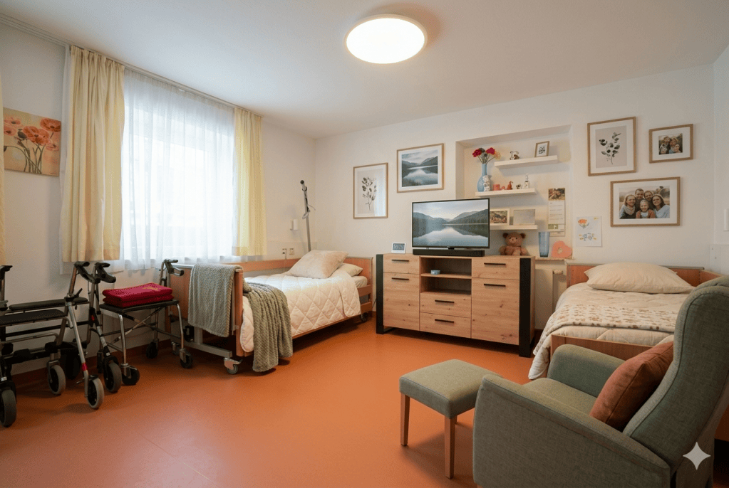 Visualisierung: Doppelzimmer mit Pflegebetten, Schrank, Sessel und persönlichen Bildern