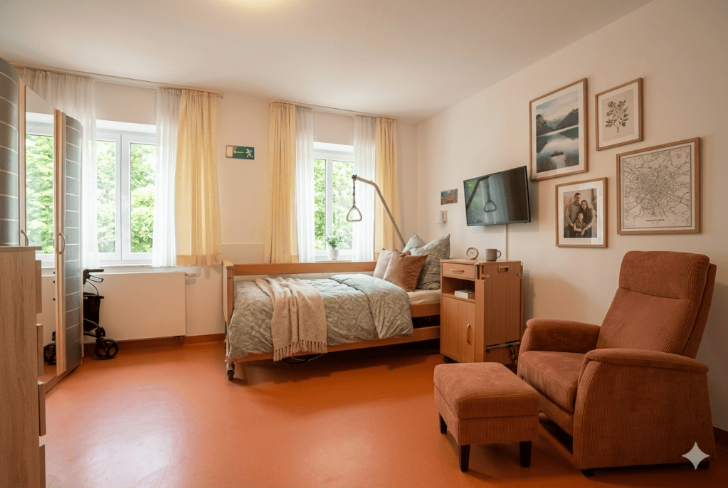 Visualisierung: Einzelzimmer mit Pflegebett, Nachttisch, Schrank, eigenem Sessel und Bildern
